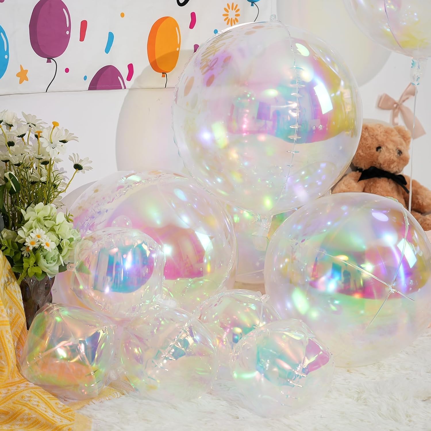 Skiennix Iridescent Round Foil Balloons - Holographic 4D Clear Balloons for Birthday & Wedding Decor | 12 Pcs Set