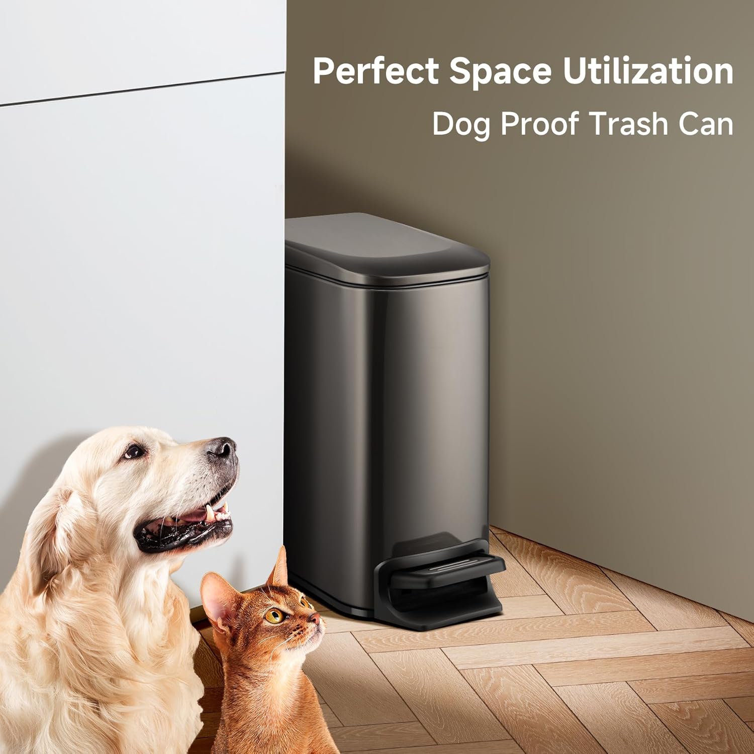 TIPGO Slim Bathroom Trash Can - 6 Liter Stainless Steel Garbage Can with Soft Close Lid | Black Gold