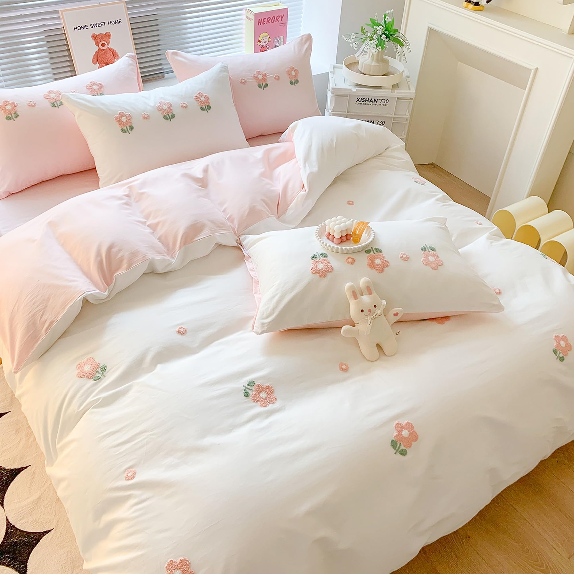MorroMorn Cotton Duvet Cover Queen Size, 3D Embroidery Floral Bedding Sets, Fluffy Chenille Embroidered Comforter Covers Breathable for Girls Kids (Flowers White Full/Queen, Comforter Not Included)