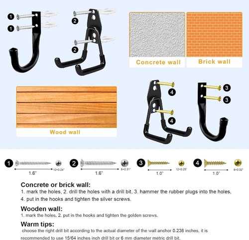 Heavy Duty Wall Garage Hooks - Steel Anti-Slip Utility Hangers for Ladders, Bikes & Tools | 10 Pack (Black)