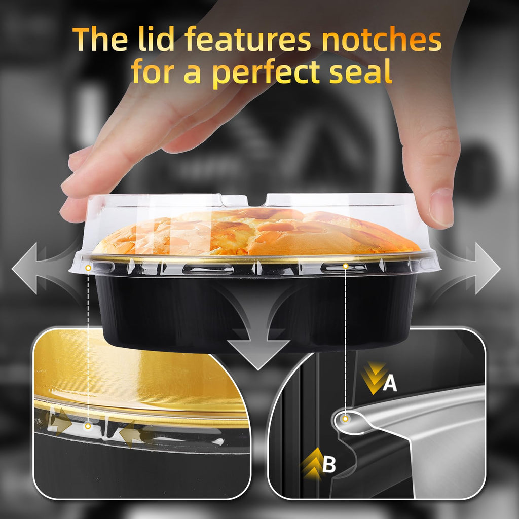 Beasea Disposable Creme Brulee Ramekins with Lids, 120 Pack 4 Inch 8oz Mini Pie Tins Black Gold Mini Small Aluminum Foil Pie Tart Cake Baking Pans Individual Round Containers Oven Safe for Baking