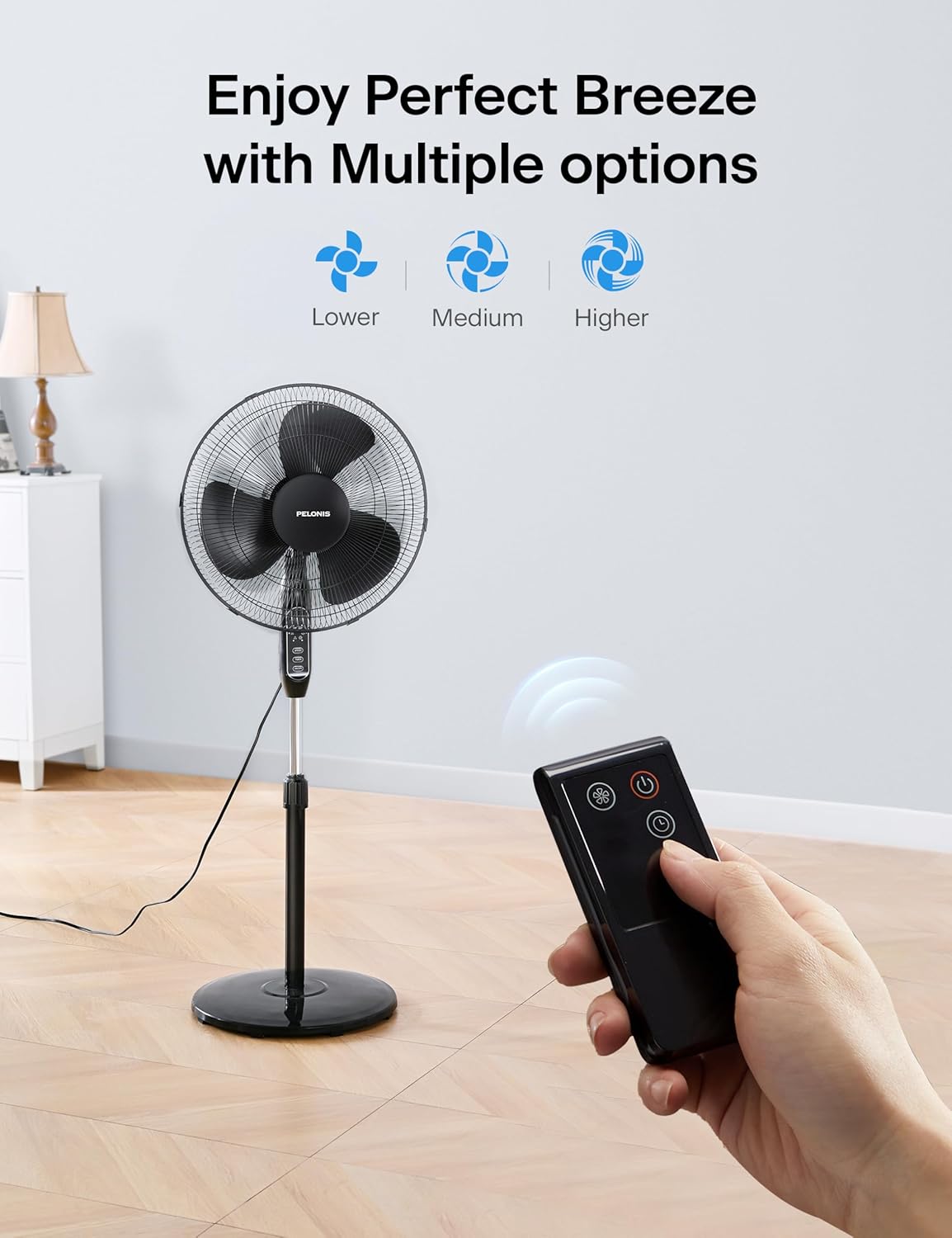 PELONIS 16'' Pedestal Fan - Remote-Controlled, 90° Oscillation, Adjustable Height | Ideal for Bedroom & Office Cooling