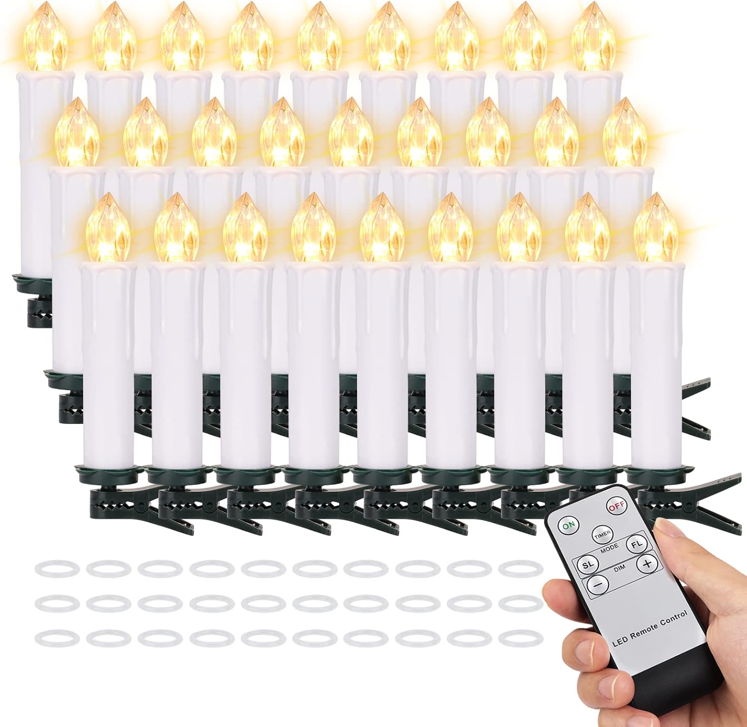 Skiennix Flameless LED Taper Candles - Battery Operated with Remote Timer | 30PCS White Flickering Mini Clip-On Lights for Christmas Trees & Home Decor