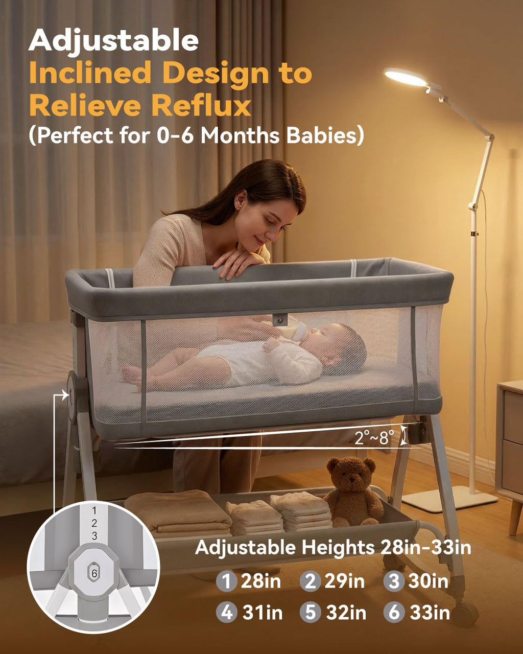 Madewell Living 4-in-1 Baby Bassinets Bedside Sleeper, Bedside Bassinet with Wheels, 6-Height Adjustable Bassinet with Soft Mattress, Mosquito Net, Soothing Toy for Newborns & Infants(Grey)
