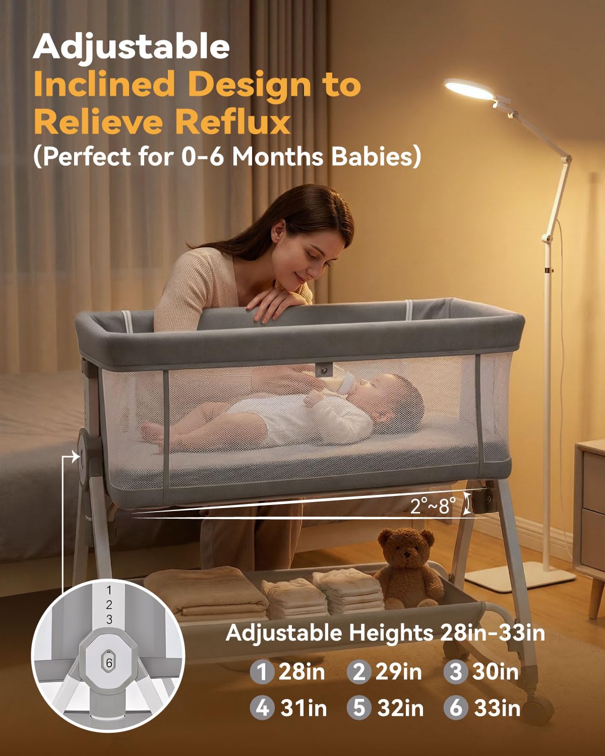 Madewell Living 4-in-1 Baby Bassinets Bedside Sleeper, Bedside Bassinet with Wheels, 6-Height Adjustable Bassinet with Soft Mattress, Mosquito Net, Soothing Toy for Newborns & Infants(Grey)