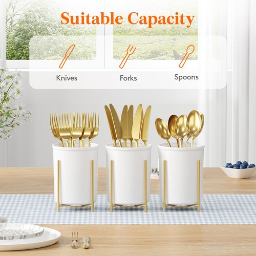 Lifewit Plastic Silverware Holder for Kitchen Countertop, Cutlery Flatware Caddy with Metal Bracket, Utensil Spoon Fork knives Organizer for Party Picnic, Gold, 3 Pack