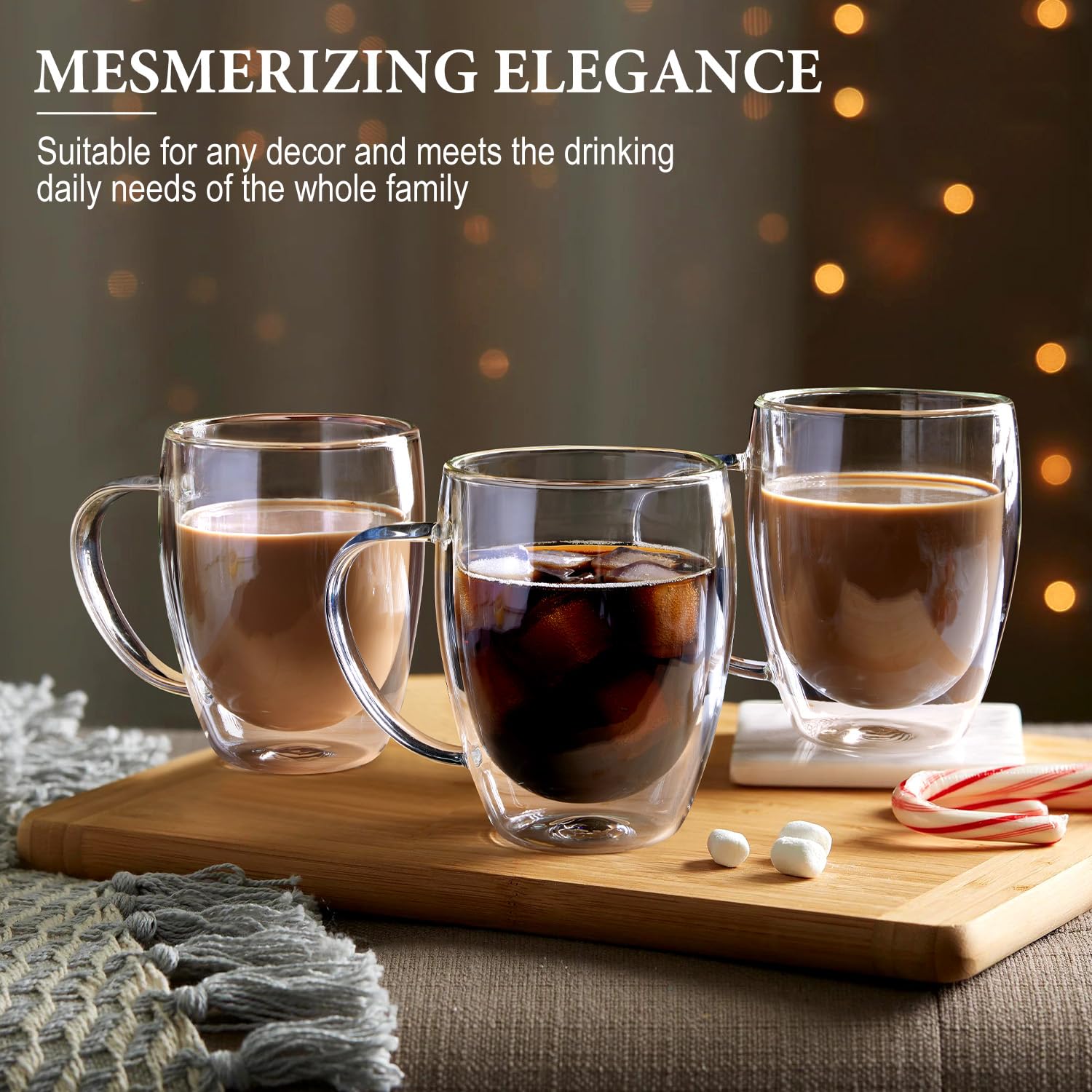 Potdoctor Double Walled Glass Coffee Mugs Set of 4, 12.5OZ Hand Blown Insulated Clear Glass Coffee Cups with Handle,Perfect for Latte,Cappuccino, Espresso, American,Tea Bag, Beverage