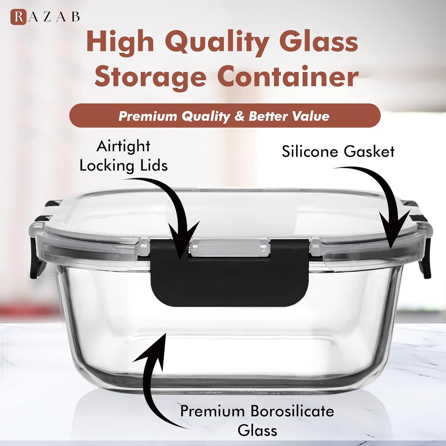 Razab Glass Food Storage Containers - 1200ML Airtight & Leakproof | Microwave, Oven, Freezer Safe, BPA Free