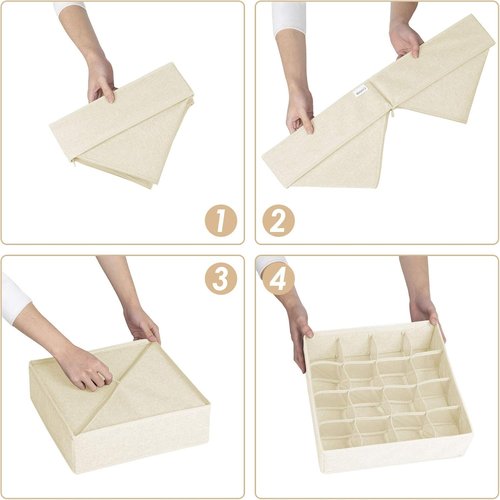 Criusia Sock Organizer - 3 Pack Fabric Drawer Dividers with 64 Cells | Beige Storage Solution for Socks, Underwear, Ties
