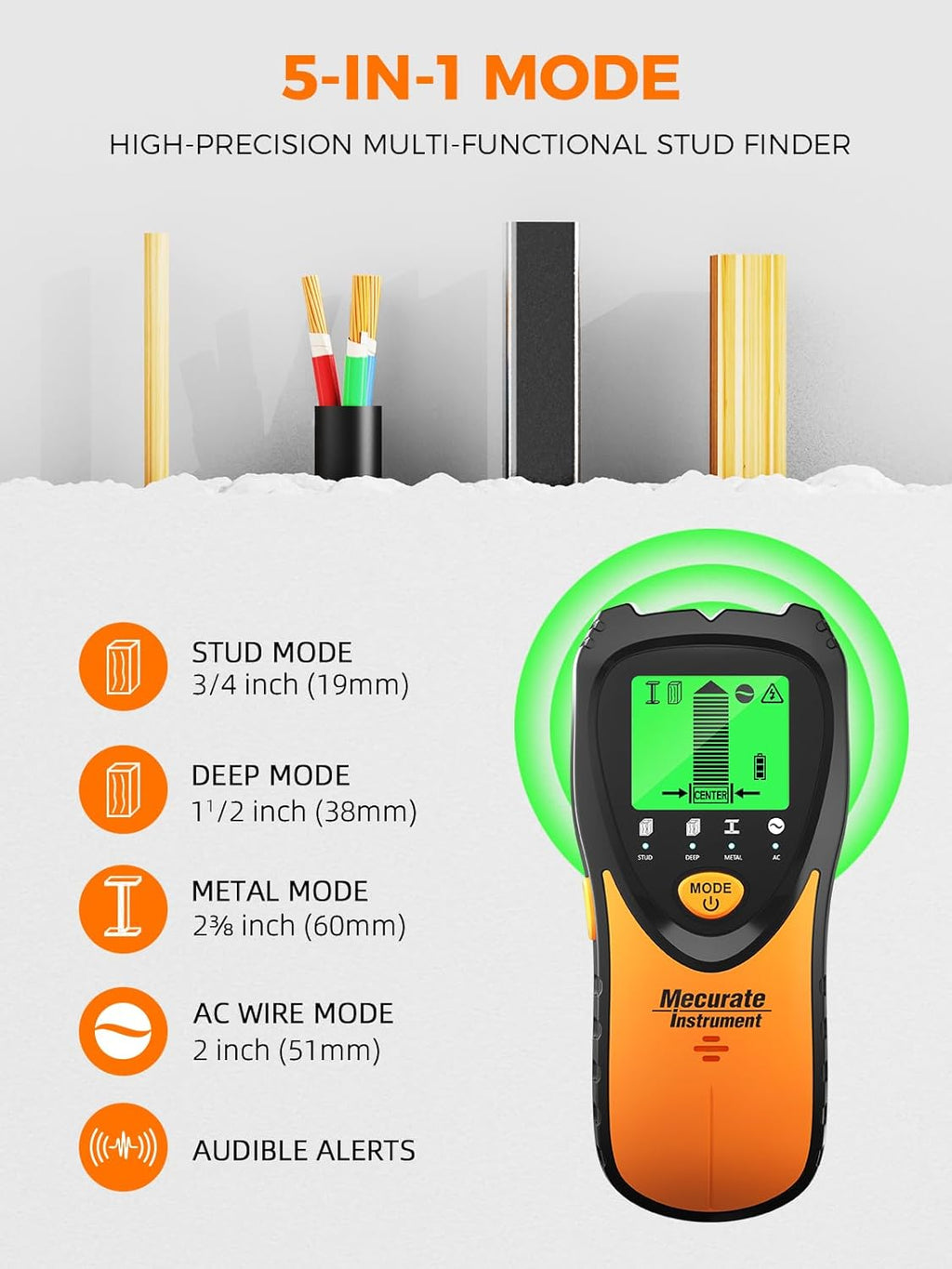 Mecurate Stud Finder - 5-in-1 Wall Scanner with LCD Display & Audio Alarm for Wood, Metal, AC Live Wires