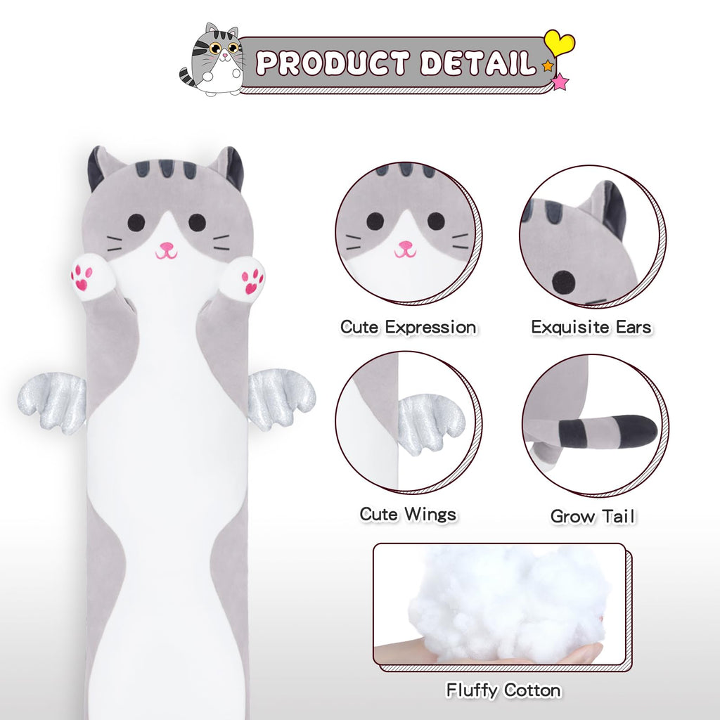 Yeqivo Soft Cat Plush Pillow, Grey Long Cat Stuffed Animals Soft Long Kitten Plushies Kawaii Cat Stuffed Plush Toy for Kids Girlfriend(50cm/19.6inch)