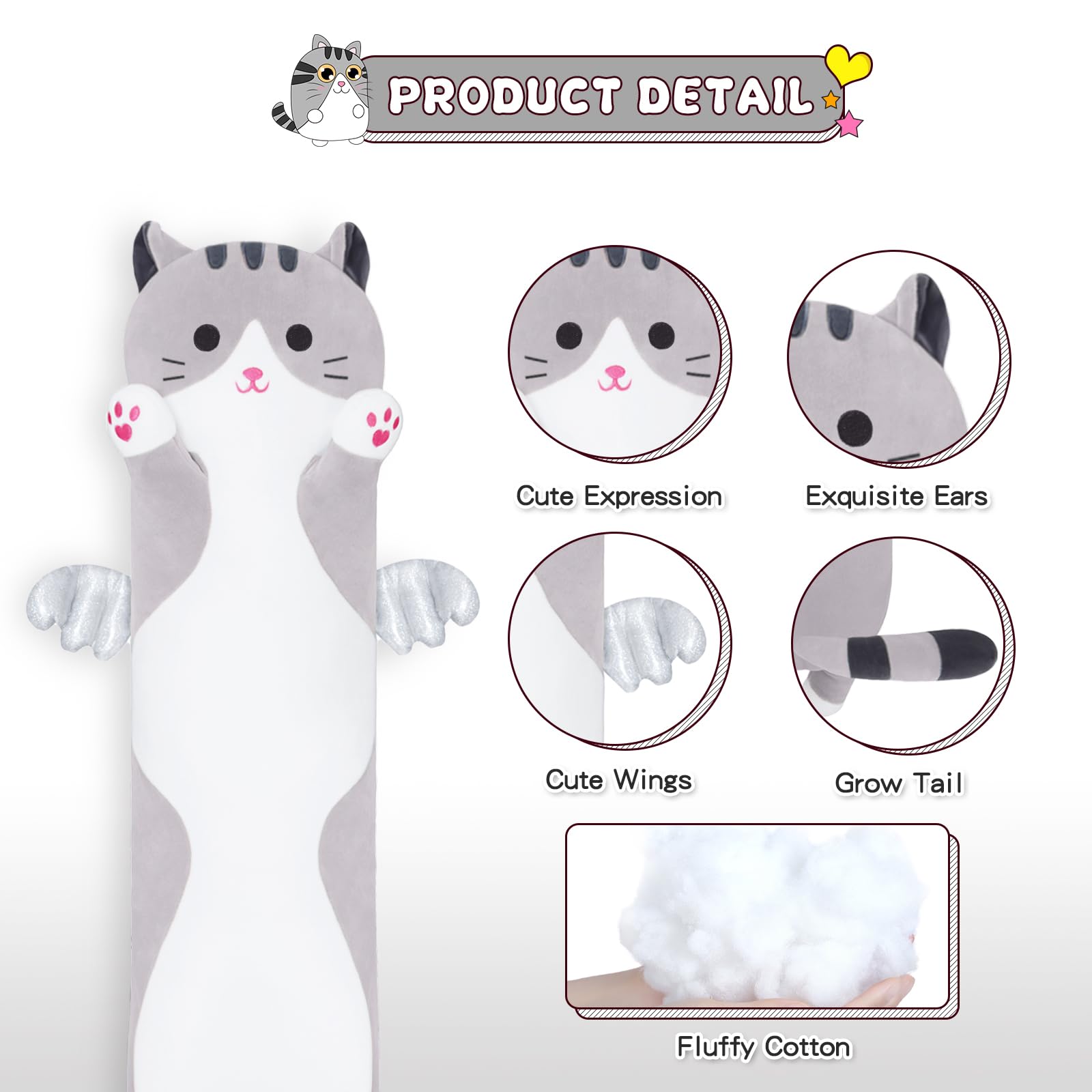 Yeqivo Soft Cat Plush Pillow, Grey Long Cat Stuffed Animals Soft Long Kitten Plushies Kawaii Cat Stuffed Plush Toy for Kids Girlfriend(50cm/19.6inch)