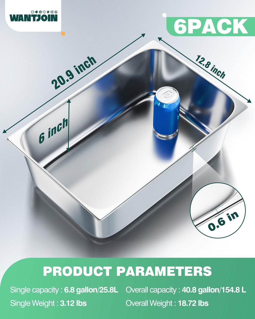 WantJoin Steam Table Hotel Pans 1/1 Full Size 6 Inch Deep 6 Pack, Stainless Steel Metal Tray Sets Food Storage Container for Restaurant Chafing Dishes Commercial Catering Supplies