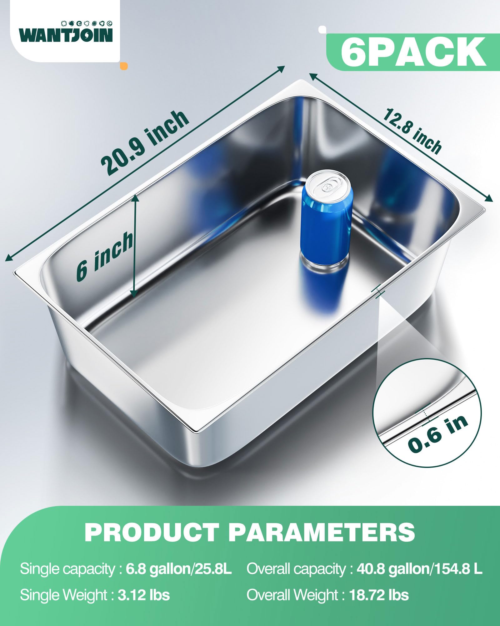 WantJoin Steam Table Hotel Pans 1/1 Full Size 6 Inch Deep 6 Pack, Stainless Steel Metal Tray Sets Food Storage Container for Restaurant Chafing Dishes Commercial Catering Supplies