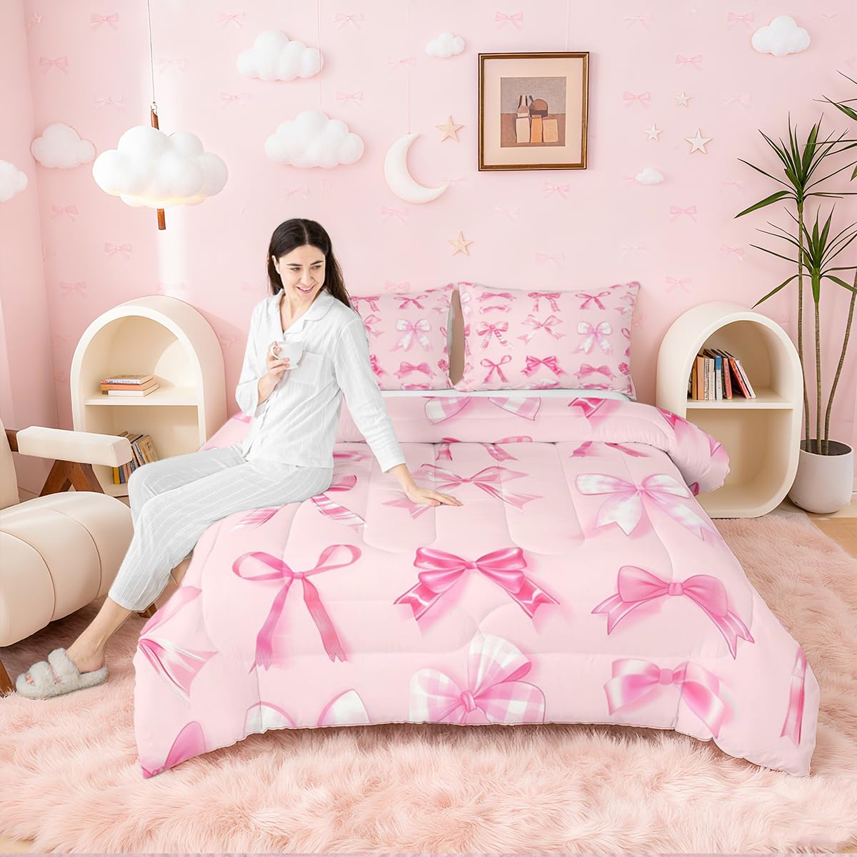 jejeloiu Pink Bow Bedding Set Twin Girls Bow Comforter Set for Kids Teens Girls Cute Bowknot Comforter Breathable Soft Lightweight Microfiber Kawaii Cute Pink Room Decor