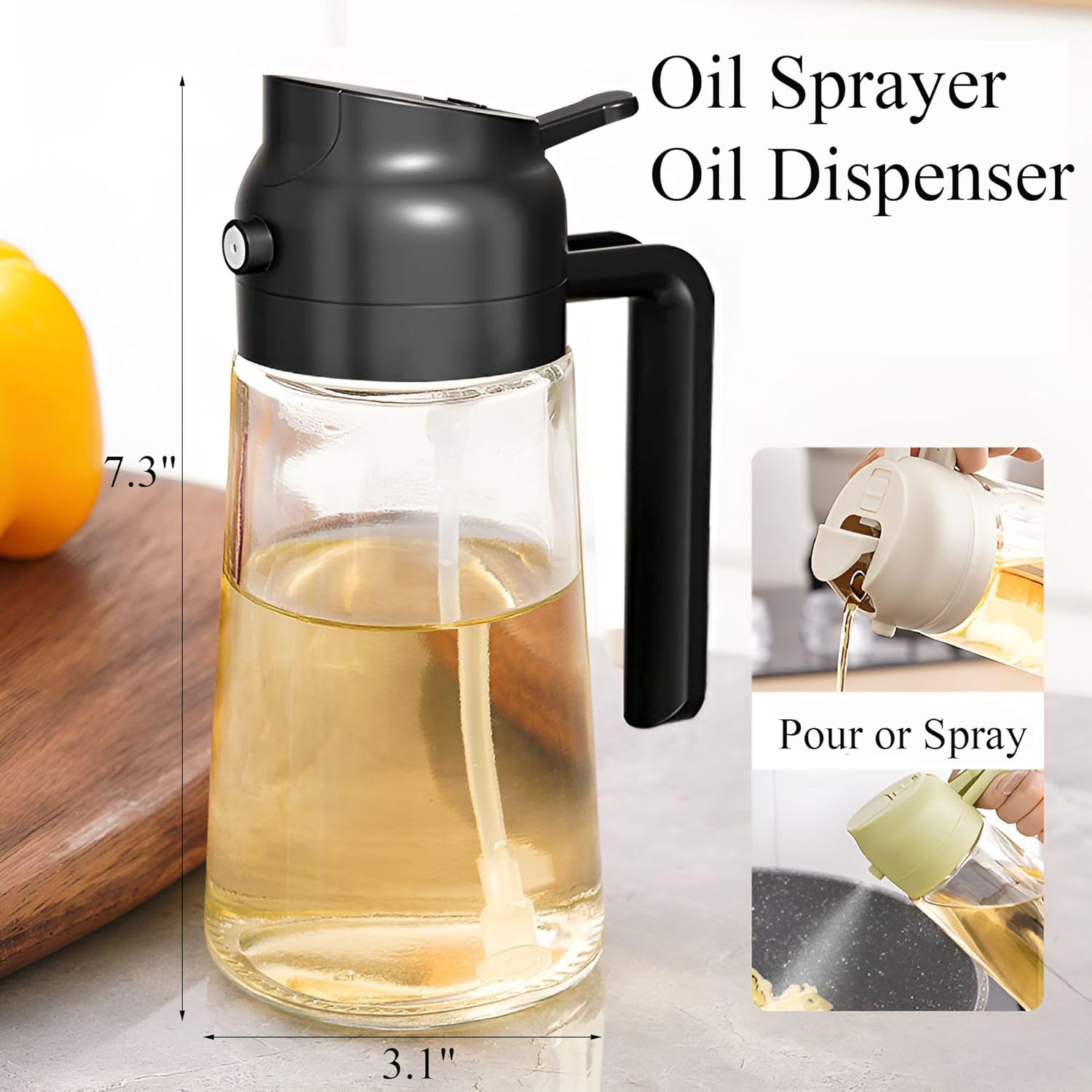 Olive Oil Sprayer Mister - Premium 17oz Glass Oil Dispenser Bottle for Cooking & Grilling | Black