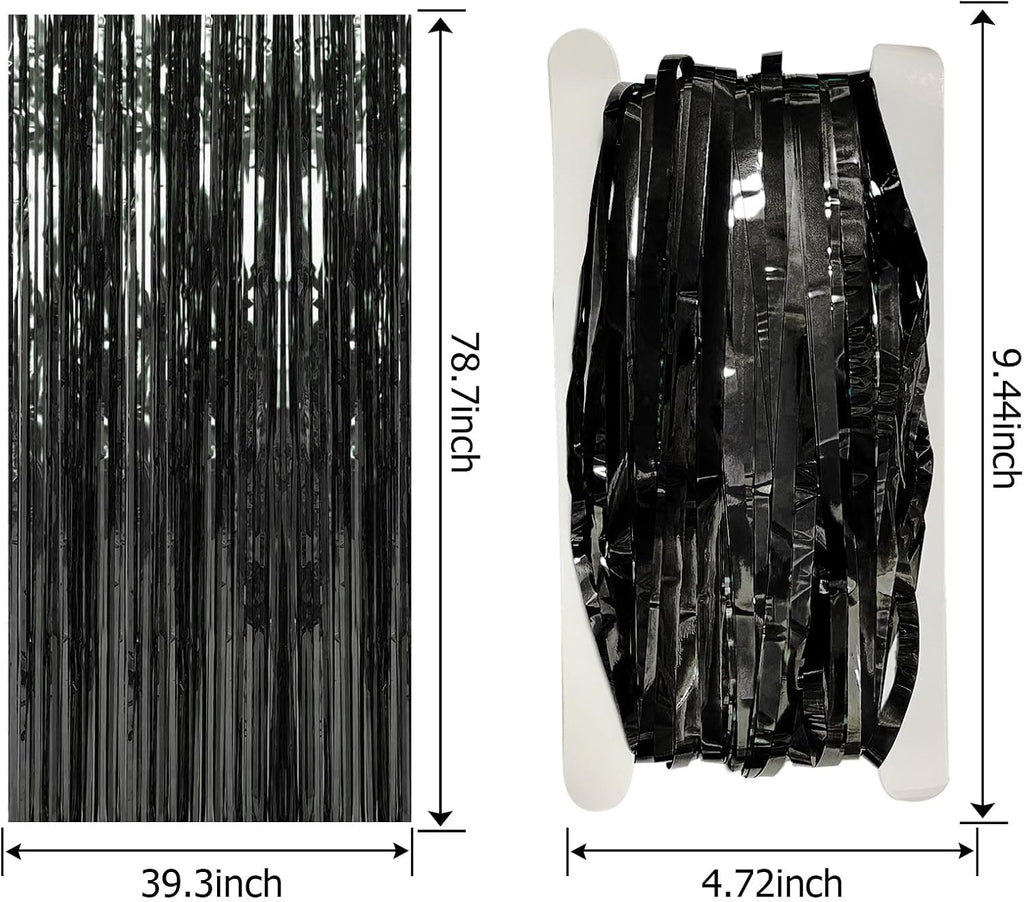 Skiennix Foil Curtain Backdrop - Black Metallic Tinsel Fringe for Photo Booth | 2 Pack Party Decorations