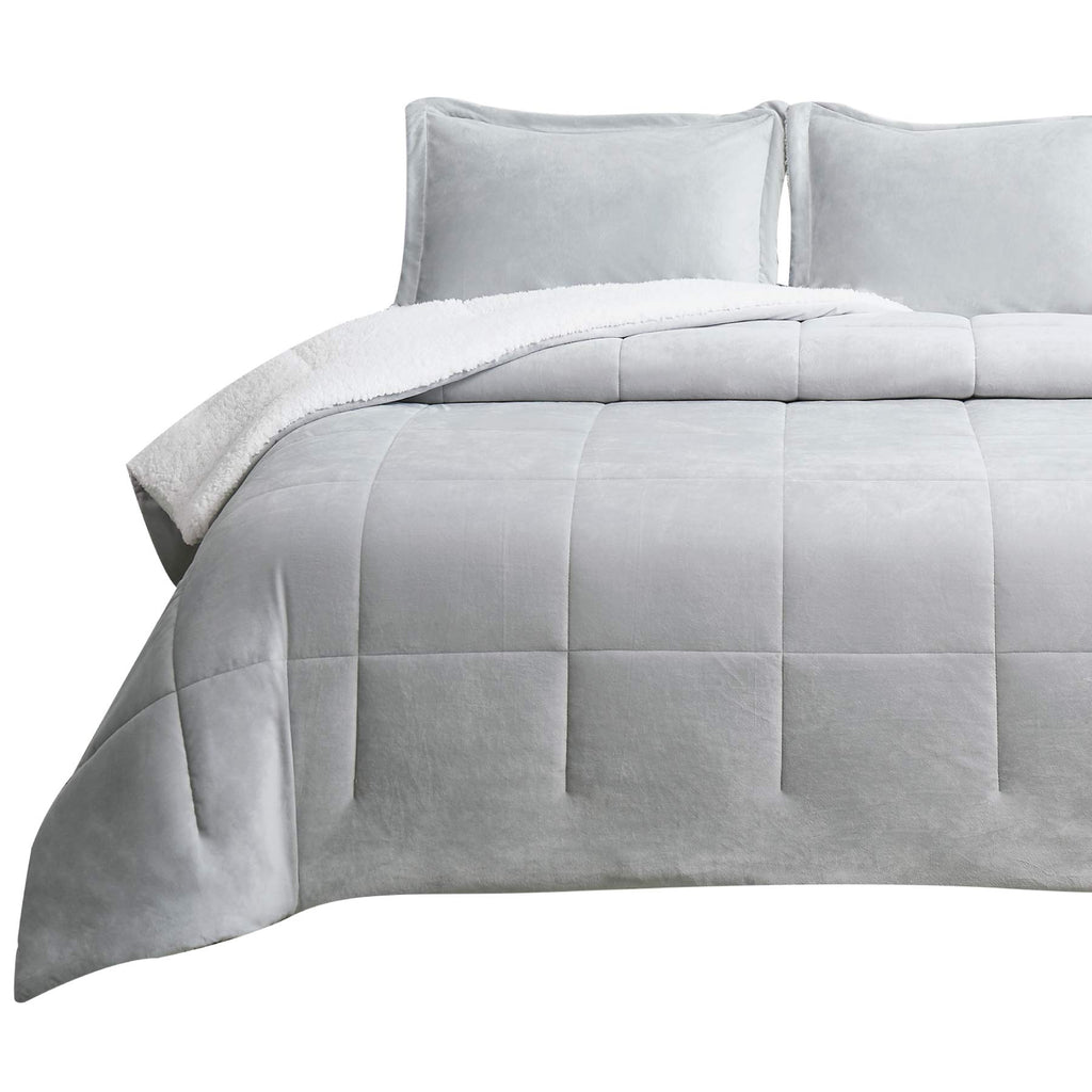 Bedsure Luxurious Micromink Sherpa Light Grey Queen Comforter Set 3 Pieces - (1 Comforter 88x88 and 2 Pillowshams), Reversible Down Alternative Comforter, Machine Washable