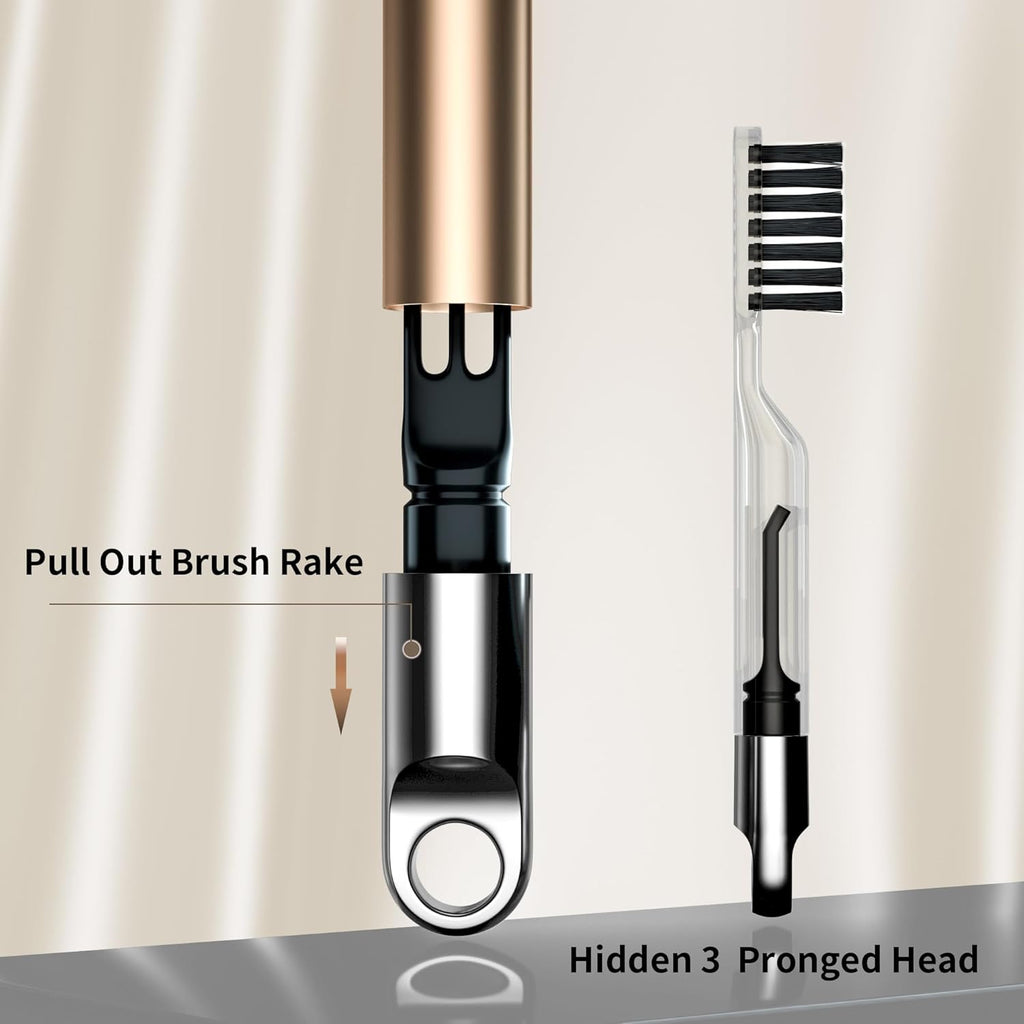 Skiennix 2-in-1 Hair Brush Cleaner - Nylon Bristles & 3-Pronged Rake for Easy Tangled Hair Removal - Compact Gold Design
