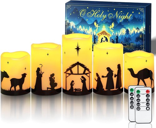 Homemory Flameless LED Pillar Candles - Battery Operated Nativity Scene Decor | 5 Pack with Remote Timer