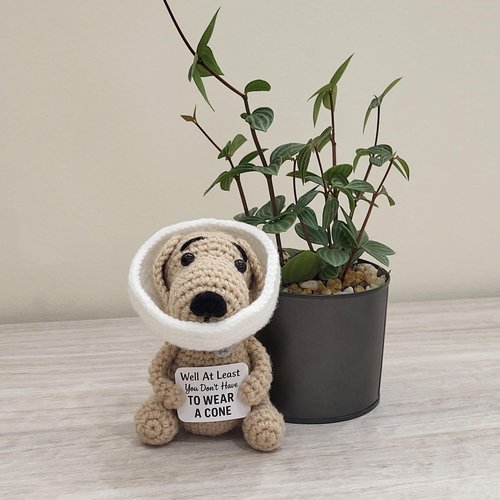 Cotinna Well At Least You Don’t Have to Wear a Cone – Funny and Thoughtful Crochet Dog Gift – 4.5" Handmade Plush for Surgery Recovery, Vasectomy Humor, or Quirky Retirement Gift