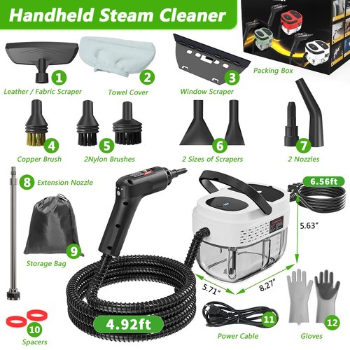 Handheld Steam Cleaner, 2500W High Pressure Steamer for Cleaning, Portable Steam Cleaner with 1.6L Water Tank, 3 Levels Adjustable Handle, Steam Cleaner for Home, Car, Furniture, Bed Bugs (White)