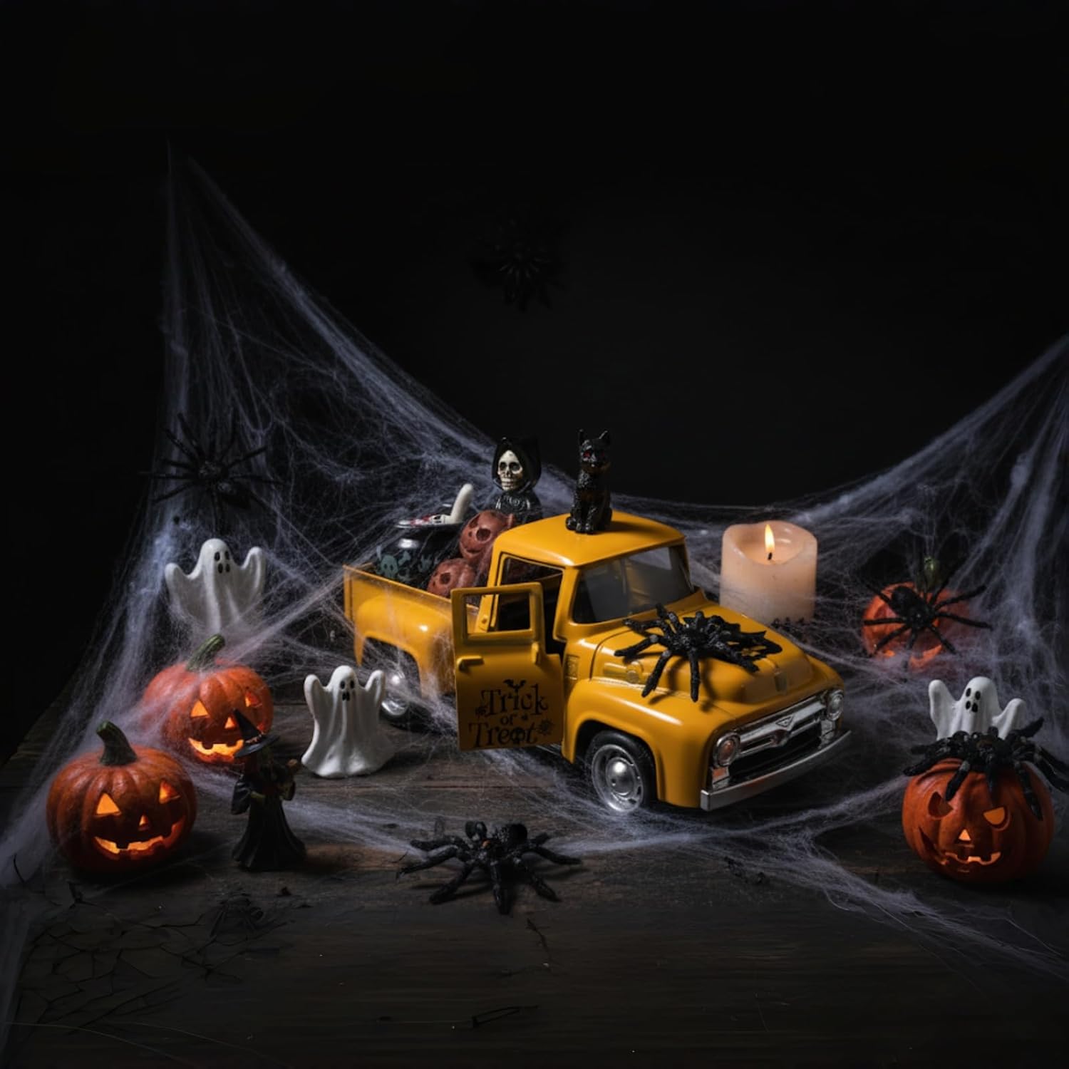 Skiennix Halloween Skeleton Decorations - Vintage Metal Truck with Miniature Scene & Jack-o'-Lanterns | Indoor Decor