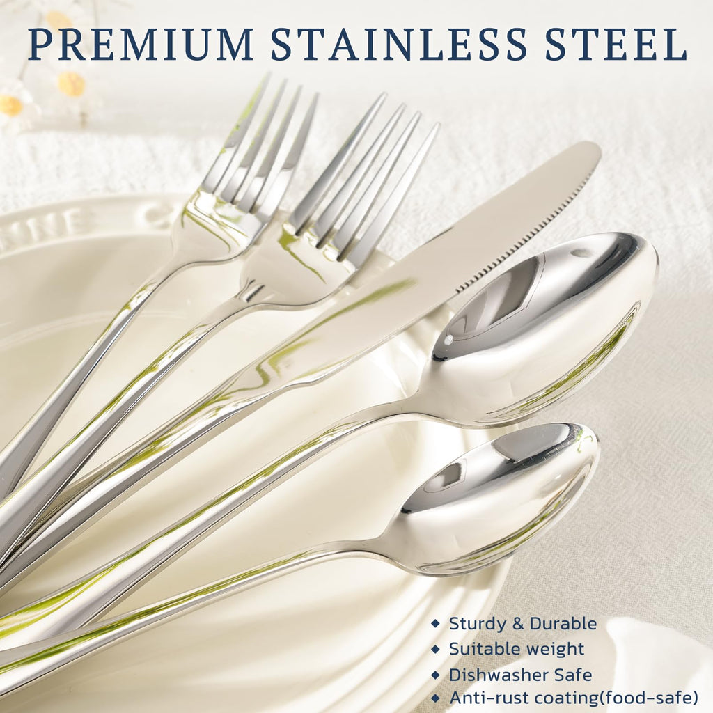 Astercook Silverware Set with Steak Knives 24-Piece Flatware Set for 4 Food-Grade Stainless Steel Cutlery Set Mirror Polished Utensils Set Include Spoons and Forks for Home Gifts for Women