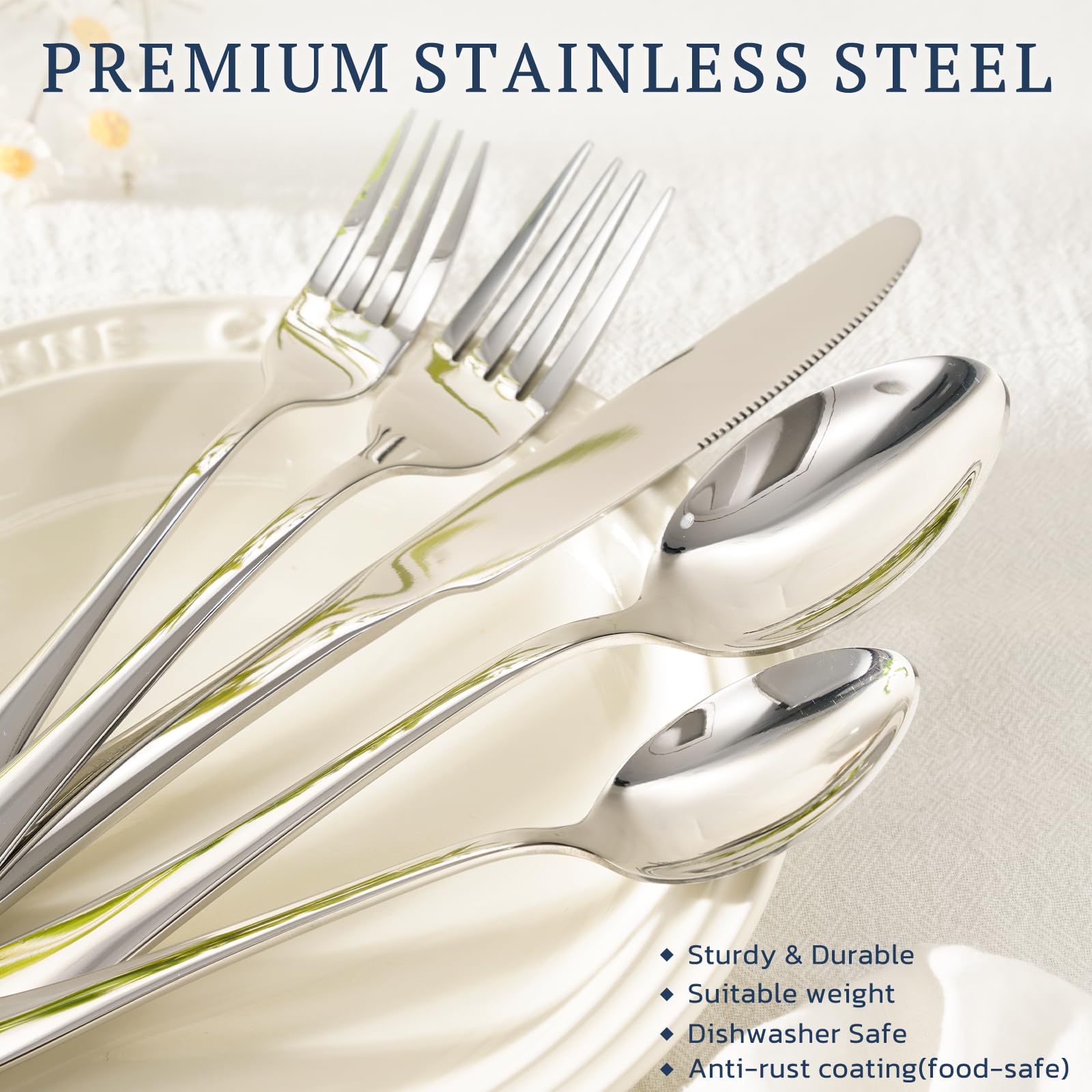Astercook Silverware Set with Steak Knives 24-Piece Flatware Set for 4 Food-Grade Stainless Steel Cutlery Set Mirror Polished Utensils Set Include Spoons and Forks for Home Gifts for Women