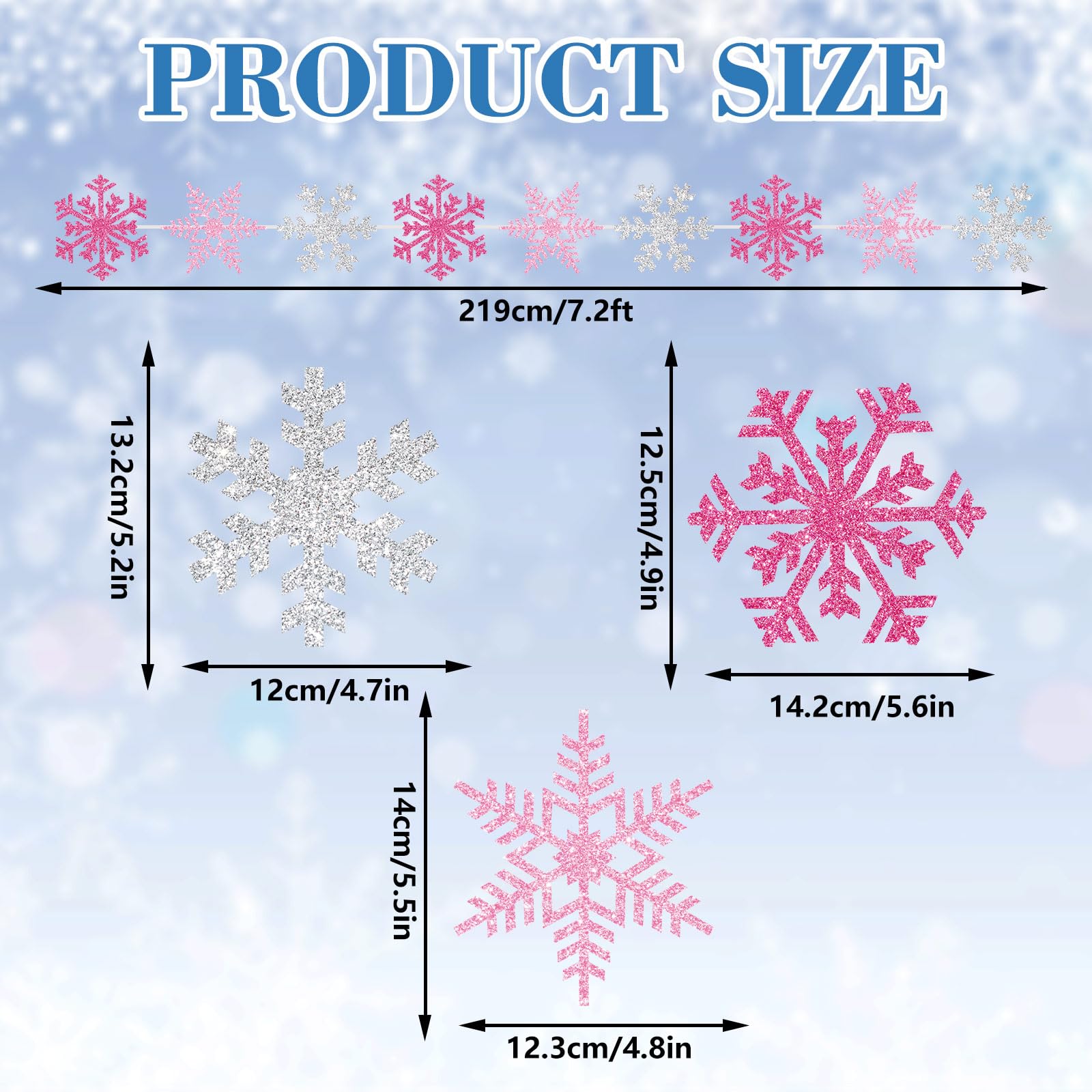 54Pcs Snowflake Garland Decorations Pink Silver Glitter Snowflake Banner for Christmas Winter Wonderland Party Decoration