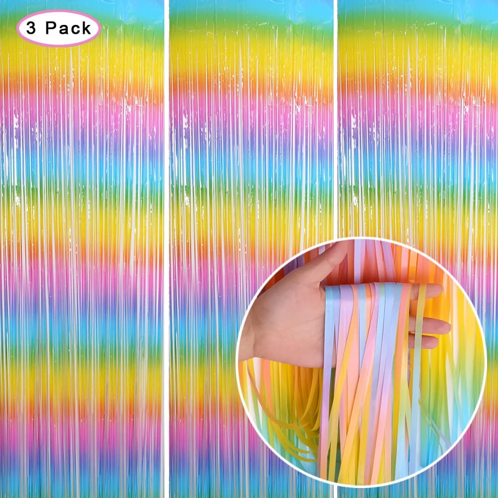 Skiennix Fringe Curtains - Tinsel Backdrop Decorations for Parties & Events | 3 Pack Macarone Rainbow