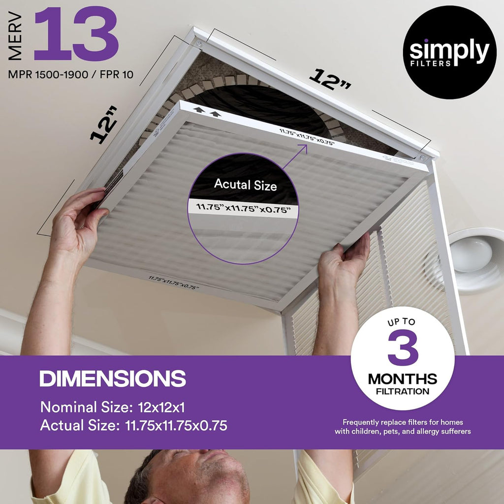 Simply 12x12 Air Filter - MERV 13, 6-Pack for Home AC & HVAC | Dust, Pet & Allergy Control