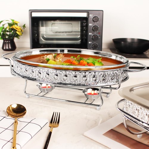 jinsongdafa Casserole Dish 13" x 9" Glass Baking Dish with Stainless steel Lid and rack, Silver oval 2.5 Qt Large Baking Pan For Casserole & Lasagna, Microwave Dishwasher Freezer Oven Safe