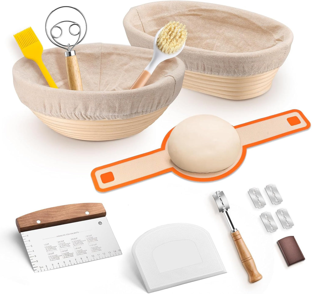 TeamFar Sourdough Bread Baking Kit - 9” Round & 10” Oval Proofing Baskets, Cloth Liner & Accessories
