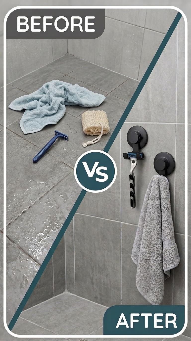 Suction Cup Hooks Razor Holder Powerful Vacuum Organizer for Towel, Razor, Coat, Bathrobe and Loofah 304 Stainless Steel Removable Hooks for Bathroom & Kitchen, Towel Hanger Storage (Black)