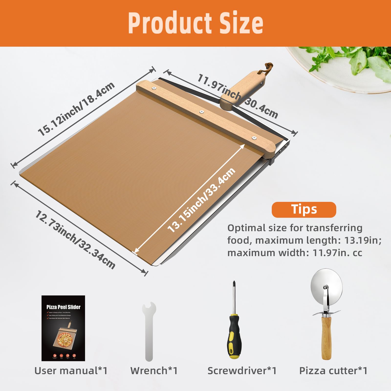 KHKJROS Non-Stick Sliding Pizza Peel 16" & 22x13 Metal Board, Bamboo Paddle w/Detachable Handle & Free Pizza Cutter for Beginners, Outdoor Oven Baking