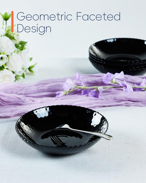 LaGlint 30 OZ Opal Glass Pasta Bowls - Set of 6 Black 8.5 Inch Round Serving Bowls | Microwave & Dishwasher Safe