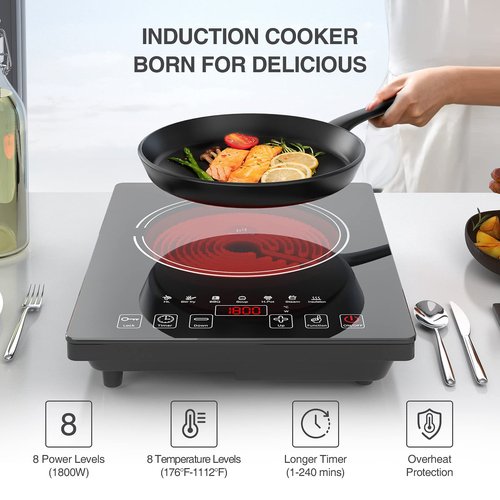 Electric Cooktop, Portable Electric Cooktop 1800W Single Burner Stove with LED Touch Screen, 8 Power & 8 Temperature Levels, Timer, 110V-120V Hot Plate for Home Camping