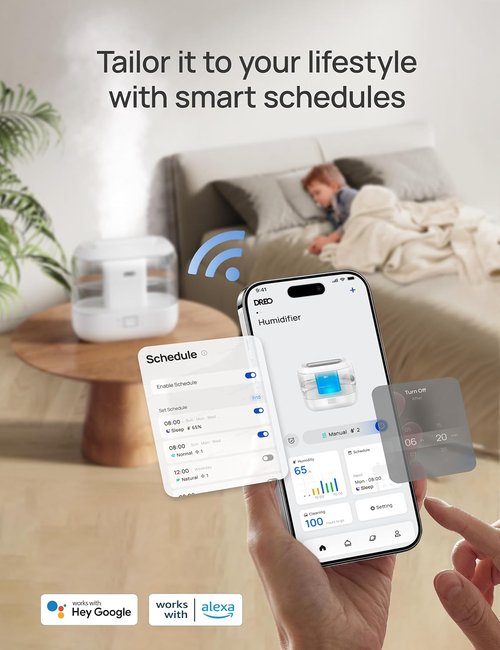 Dreo Smart Humidifier - 4L Top Fill Cool Mist for Large Rooms | 36H Runtime, Touch/App/Voice Control, Nightlight, White