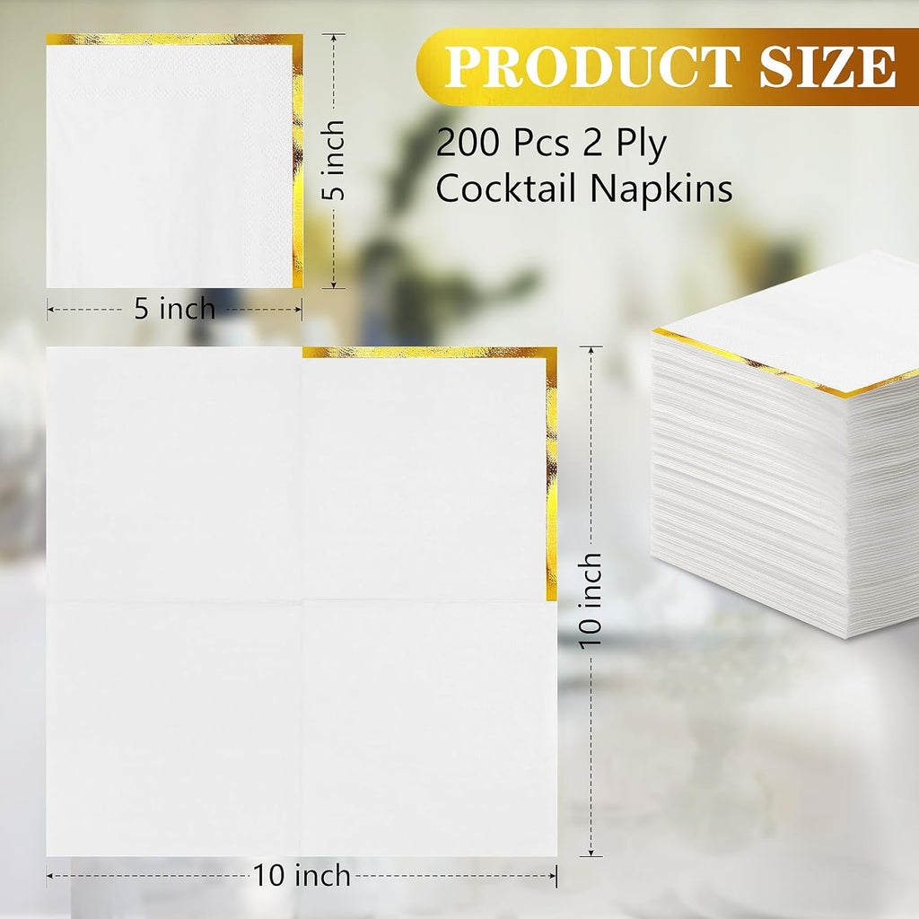 Skiennix 200 Pcs White Cocktail Napkins - Gold Trim Disposable Beverage Napkins for Events