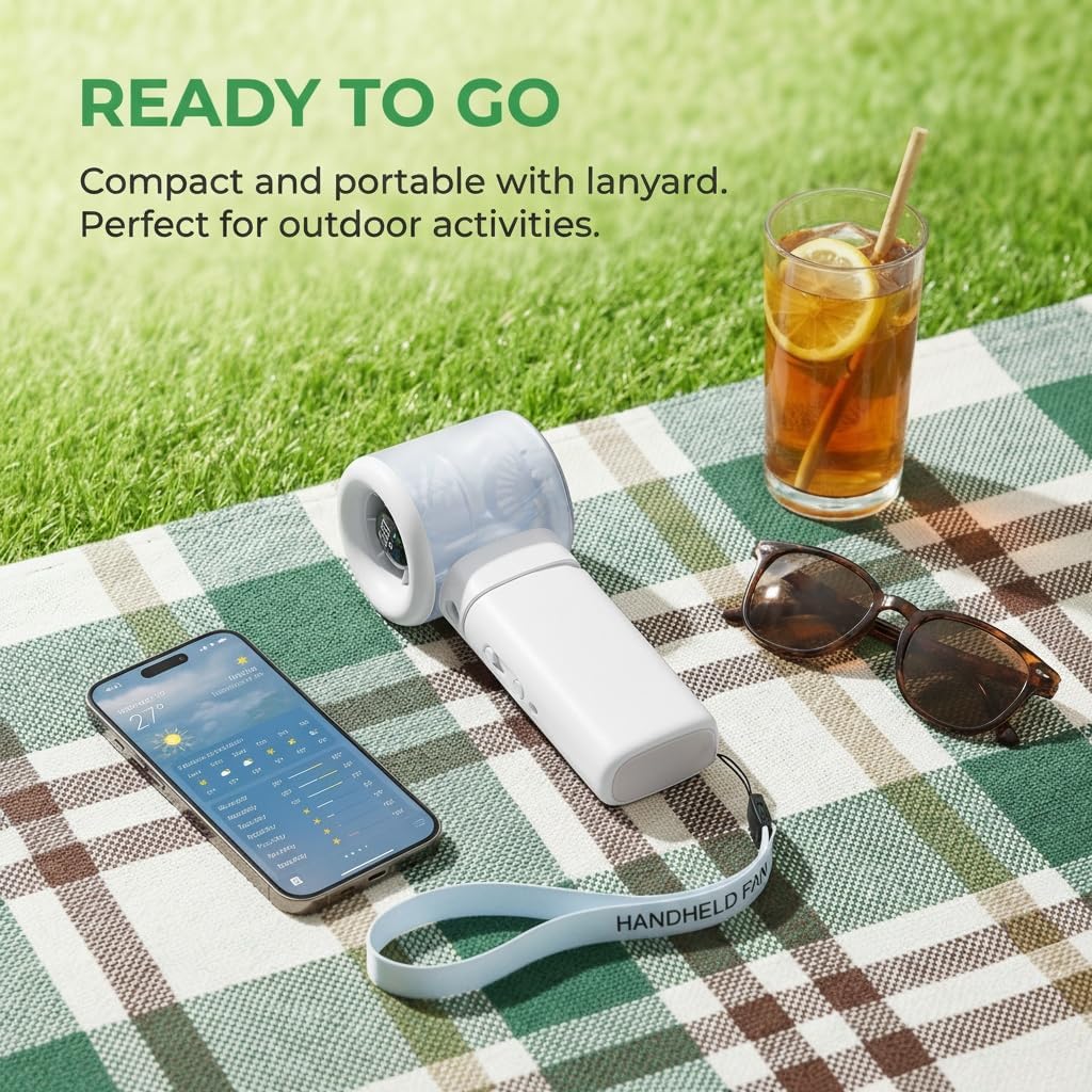 Skiennix Handheld Portable Fan - Misting, Safety Lock & LED Display | High-Speed 20000 RPM Mini Fan (White)