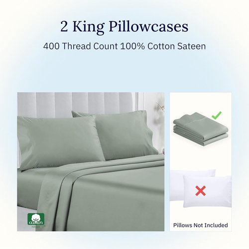 California Design Den King Size Pillowcase Set - 400 Thread Count 100% Cotton Sateen | Soft Sage Green, Set of 2