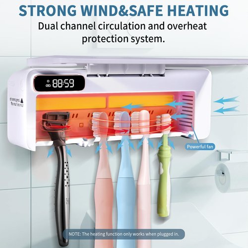 ZOZOO UV Toothbrush Sanitizeri Holder with 99.9% Cleaning,Air Dry,Heating,5+1+1 Slots,12 Hour Memory,Rechargeable Wall Mounted Strong Adhesive Toothbrush Holder with Cover for Bathroom(White)
