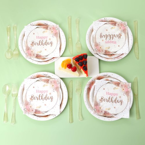 Gudvilla Boho Birthday Decorations for Women, Neutral Birthday Plates and Napkins Party Supplies 168Pcs, Happy Birthday Plates and Napkins Set for Boho Floral Champagne Cream Beige Party, Serve 24