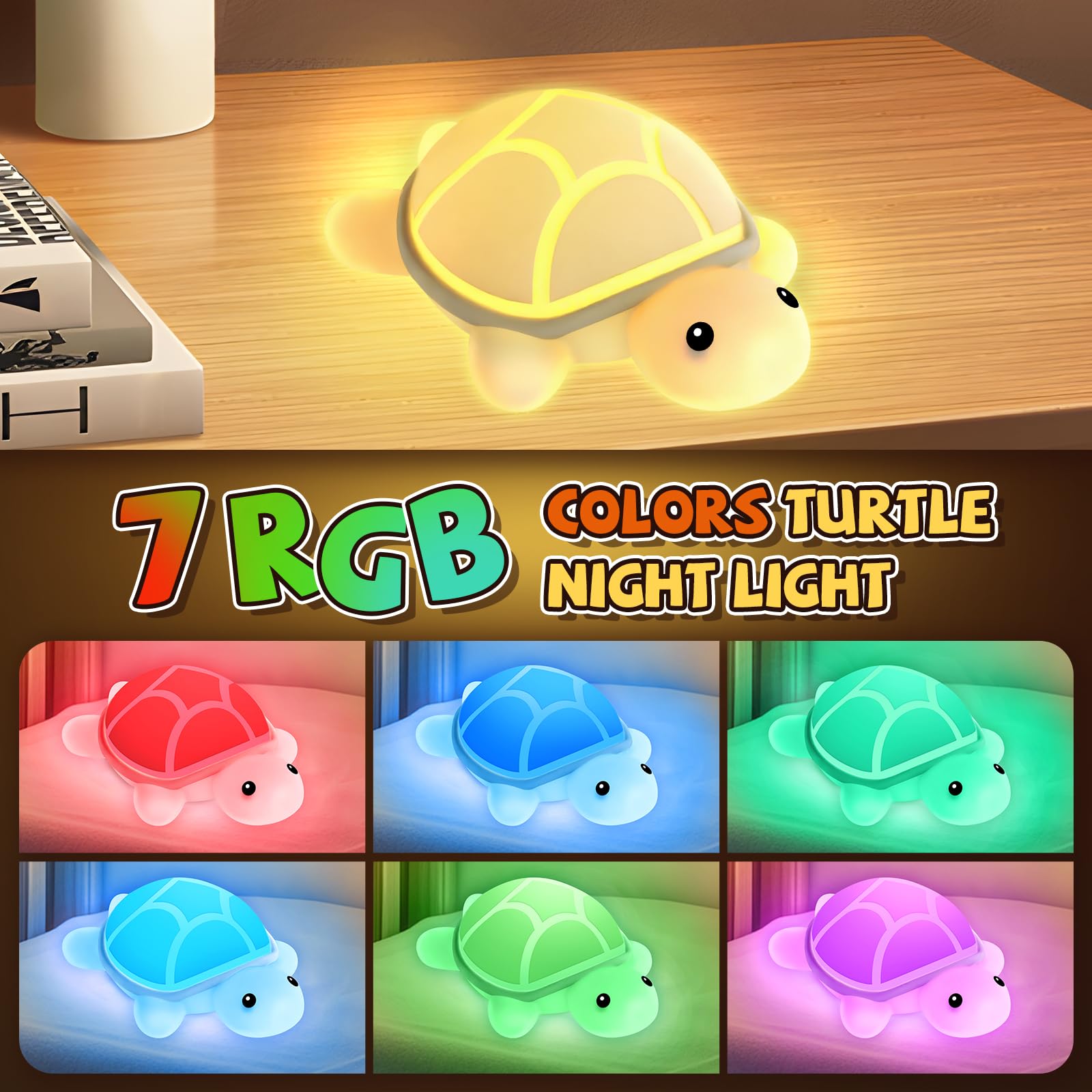 Turtle Night Light for Kids, 7 Color Changing & Touch Control, Rechargeable USB Silicone Squishy LED Lamp for Breastfeeding, Baby Toddler Sleep, Nursery Kids Bedside, Ideal Gift for Boys Girls
