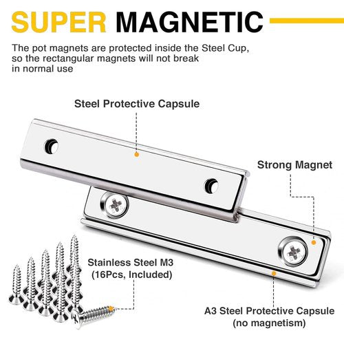DIYMAG Neodymium Rectangular Pot Magnets - Strong Hold with Countersunk Holes, 60x13.5x5mm, Pack of 8