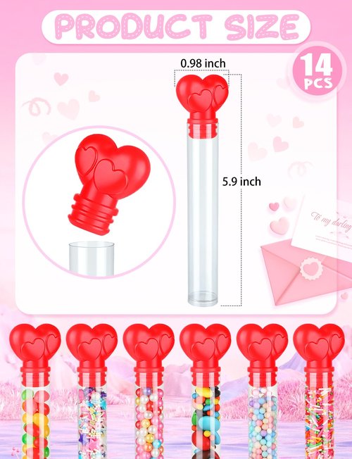14Pcs Valentine Heart Candy Tubes, Clear Empty Candy Containers with Red Topper, Plastic Tubes for Sweets for Valentine's Day Party Supplies
