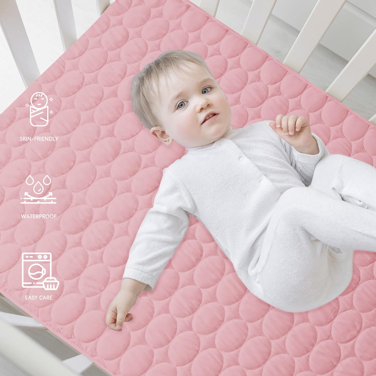 Skiennix Crib Mattress Protector Sheets - Waterproof Quilted Pad Cover for Baby & Toddler | Grey & Pink, 52” x 28”