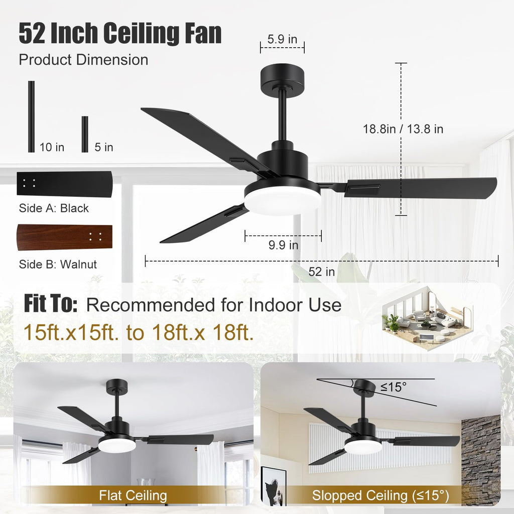 ZYD Ceiling Fans with Lights, 52 Inch Ceiling Fan with Light and Remote, Farmhouse Black Fan with Quiet Reversible DC Motor, 3 Blade LED Ceiling Fan with Light for Living Room, Bedroom, Family Room