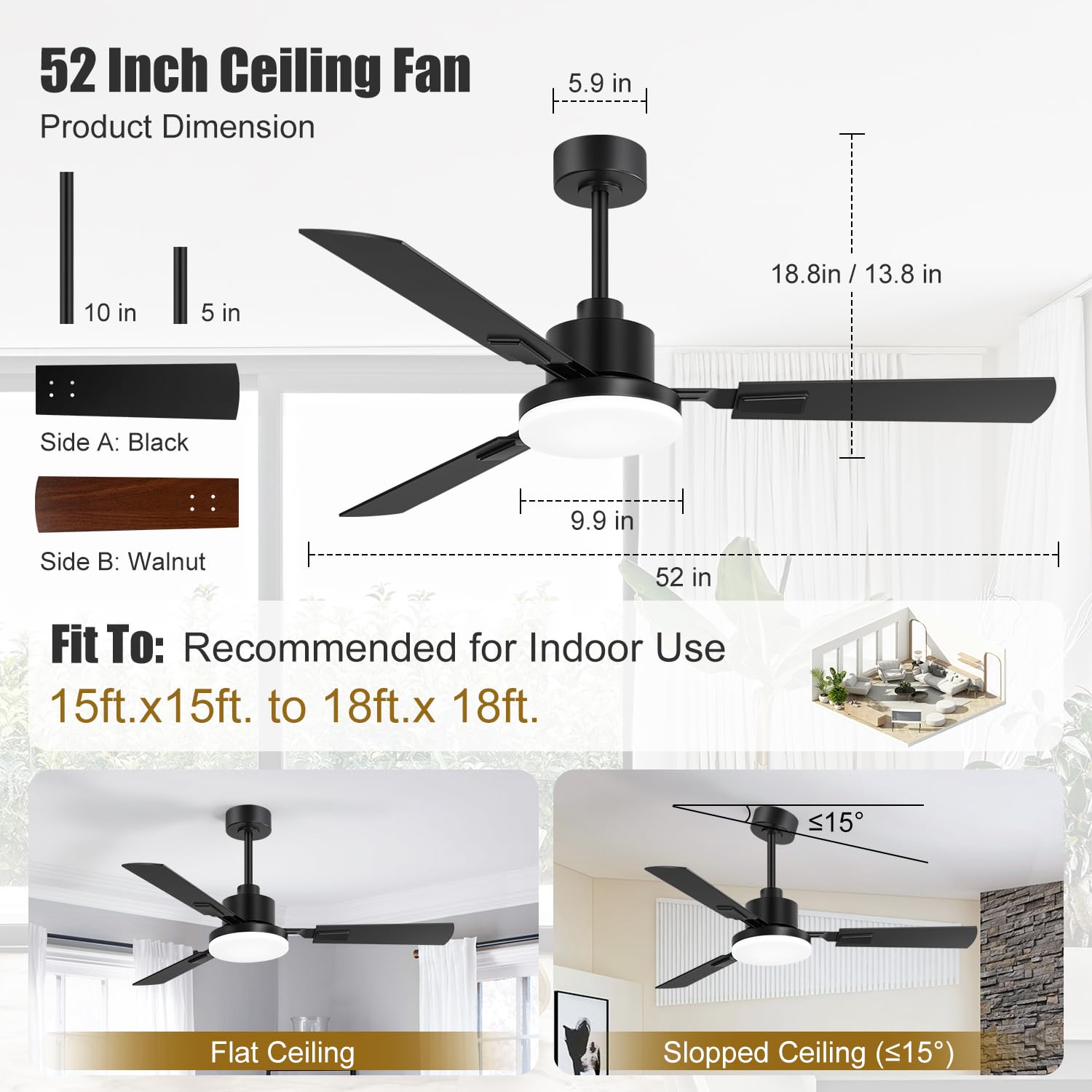 ZYD Ceiling Fans with Lights, 52 Inch Ceiling Fan with Light and Remote, Farmhouse Black Fan with Quiet Reversible DC Motor, 3 Blade LED Ceiling Fan with Light for Living Room, Bedroom, Family Room